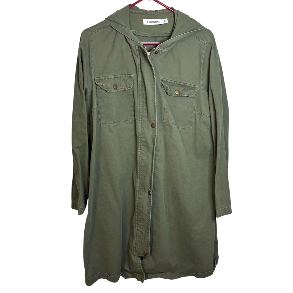 Just Fabulous Longline Utility Shacket Women’s 1X Olive Green Hooded Cotton